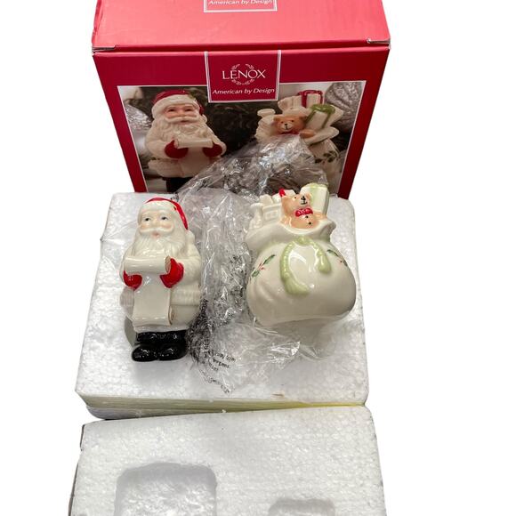 Lenox Holiday Christmas Salt & Pepper Shakers Santa & Toy Bag Checking It Twice - Picture 10 of 11